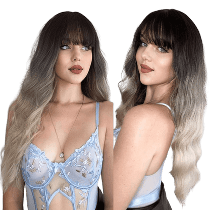 Grey Brown Loose Wave Synthetic Wigs With Bangs 26" - BEAUTY BELLO®