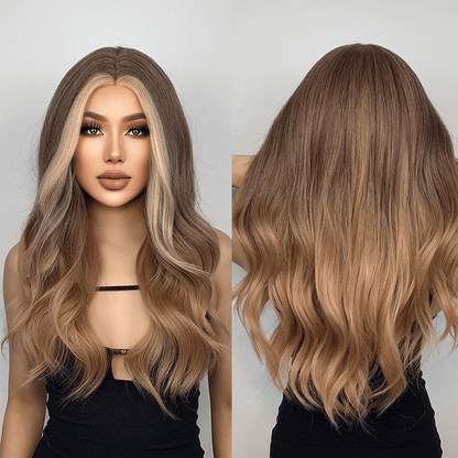 long wavy brown blonde highlight synthetic wig 26" - BEAUTY BELLO®