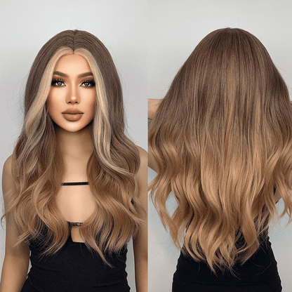 long wavy brown blonde highlight synthetic wig 26" - BEAUTY BELLO®