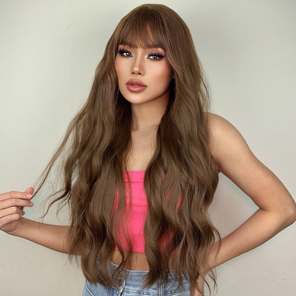Long Wavy Honey Brown Synthetic Wig with bangs 26" - BEAUTY BELLO®