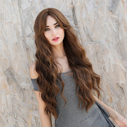 Long Wavy Honey Brown Synthetic Wig with bangs 26" - BEAUTY BELLO®