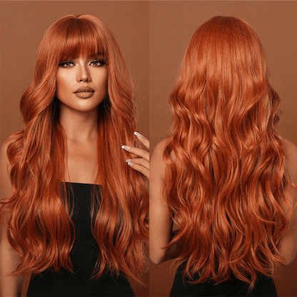 Orange Long Wavy Synthetic Wigs with bangs 24" - BEAUTY BELLO®