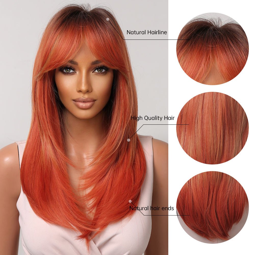 Orange Straight Long Highlight Synthetic Hair Wigs With Bangs - BEAUTY BELLO®