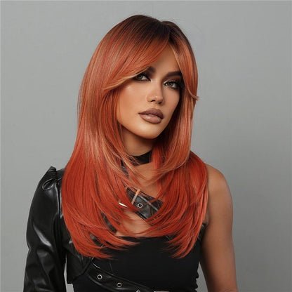 Orange Straight Long Highlight Synthetic Hair Wigs With Bangs - BEAUTY BELLO®
