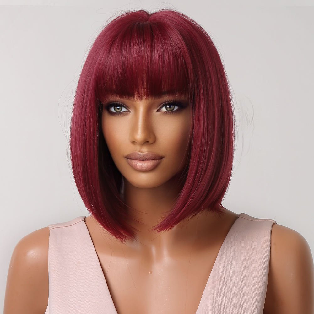 Short straight bob Wine Red Syntnetic Wigs with bangs 10" - BEAUTY BELLO®