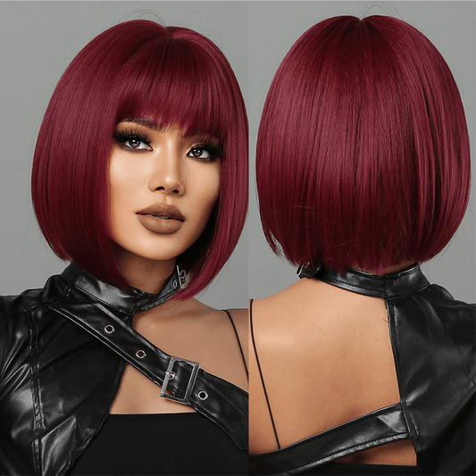 Short straight bob Wine Red Syntnetic Wigs with bangs 10" - BEAUTY BELLO®